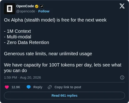 OpenCode announcing the free Ox Alpha stealth model with one-million-token context, multimodal input, and zero data retention